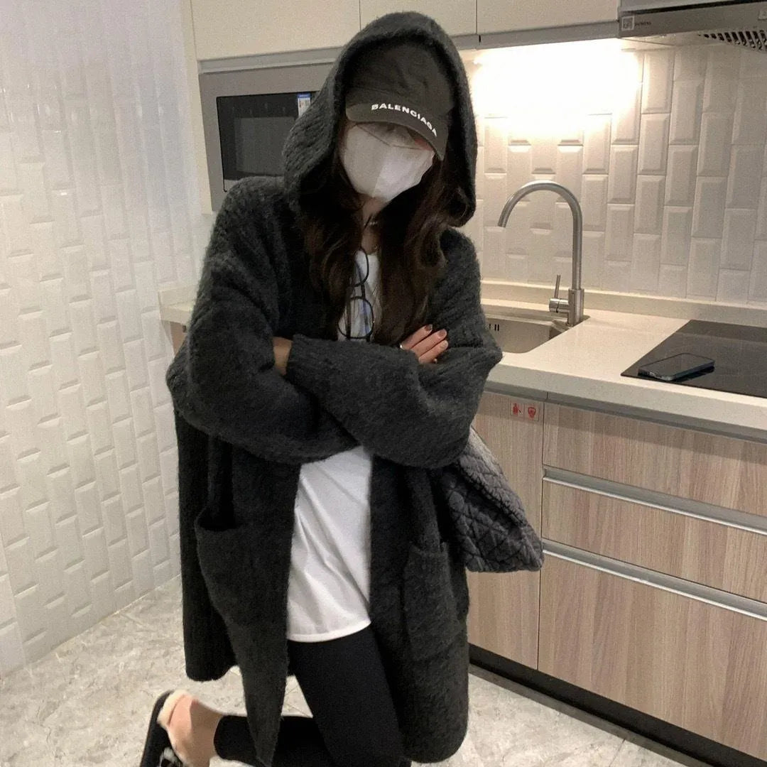 Lazy Hooded Loose Thickened Mid Length Solid Color Cardigan Jacket Sweater with Pockets