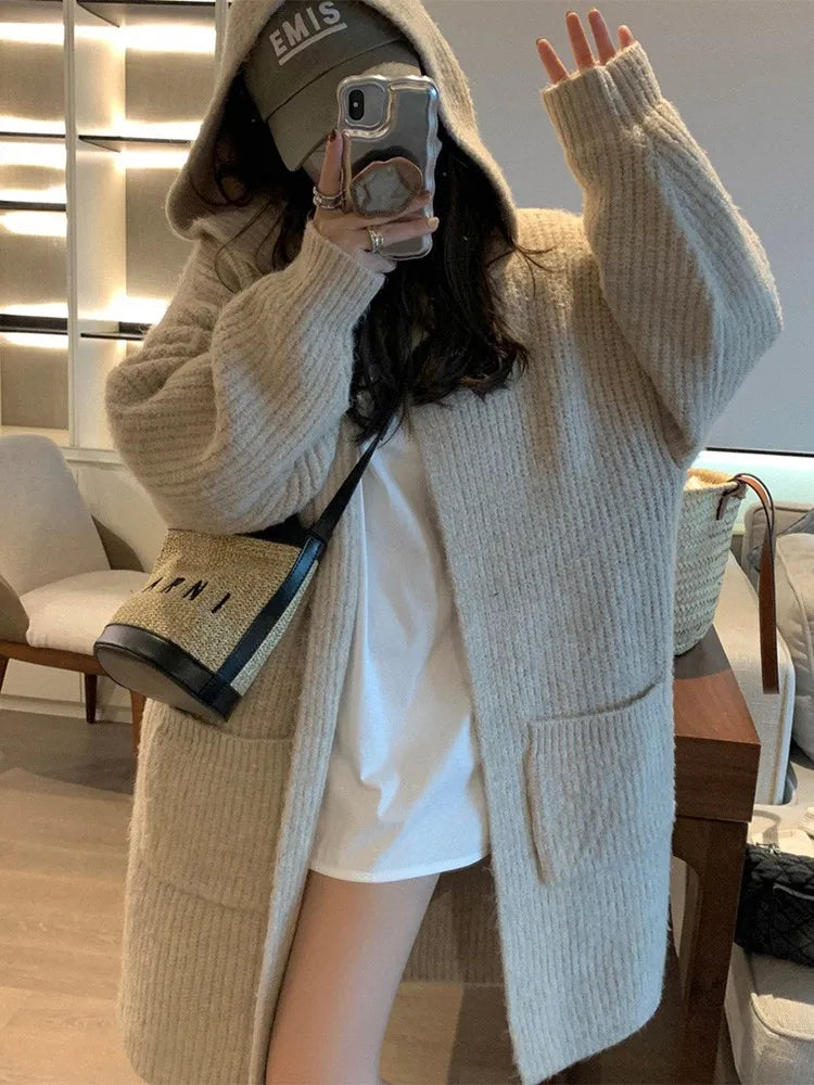 Lazy Hooded Loose Thickened Mid Length Solid Color Cardigan Jacket Sweater with Pockets