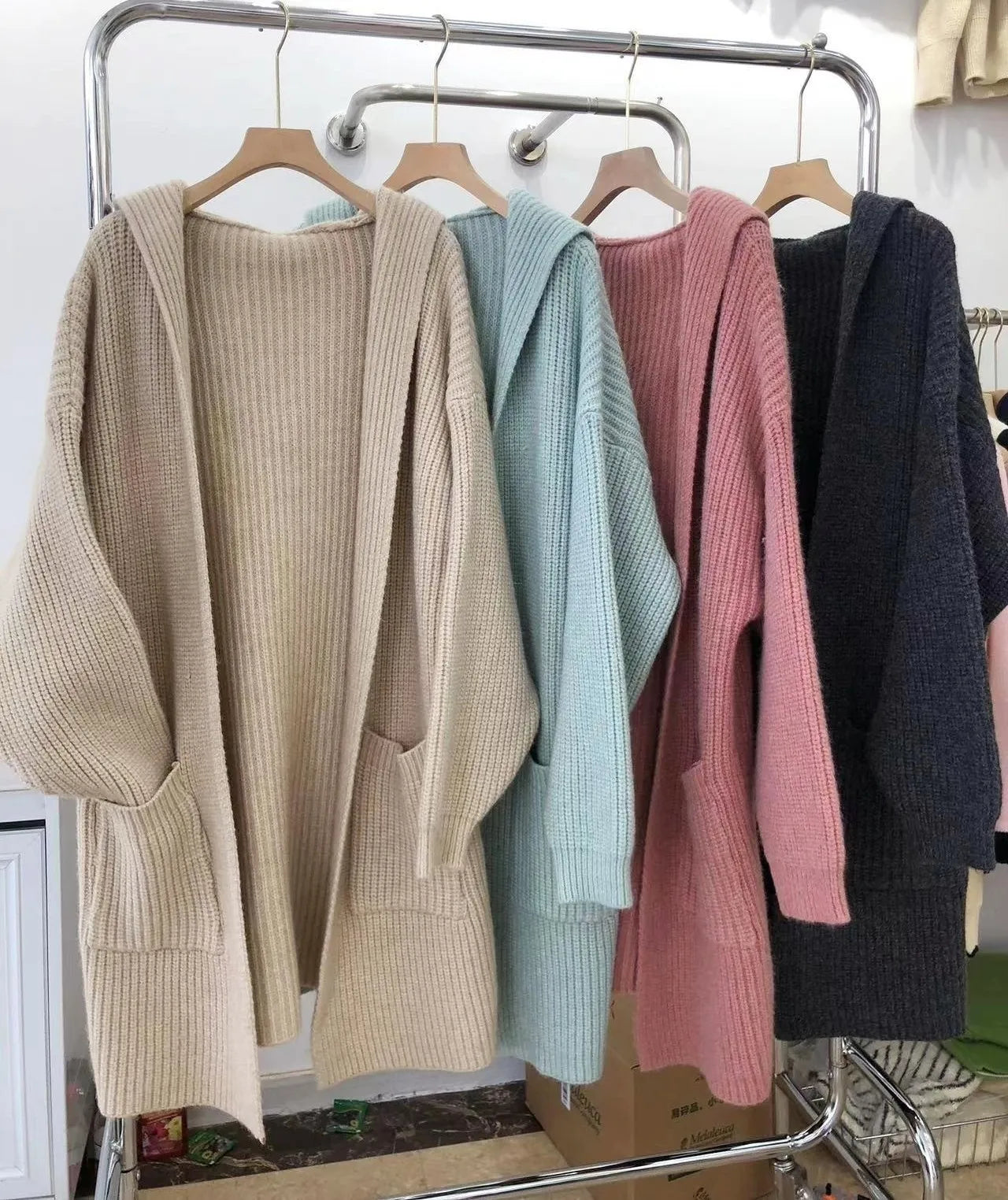 Lazy Hooded Loose Thickened Mid Length Solid Color Cardigan Jacket Sweater with Pockets