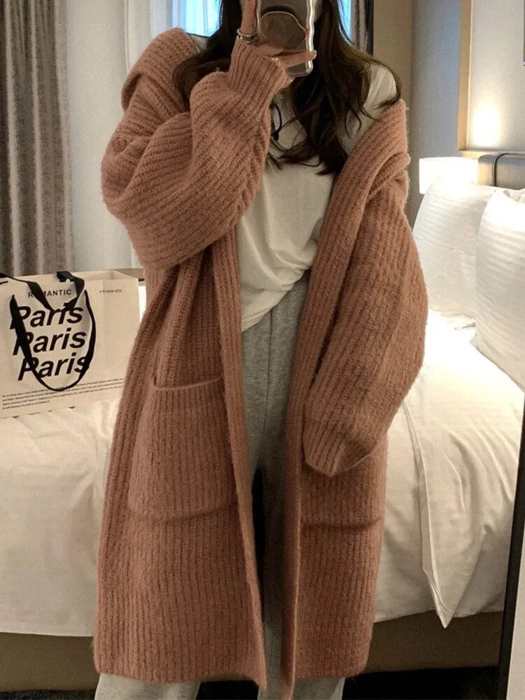 Lazy Hooded Loose Thickened Mid Length Solid Color Cardigan Jacket Sweater with Pockets