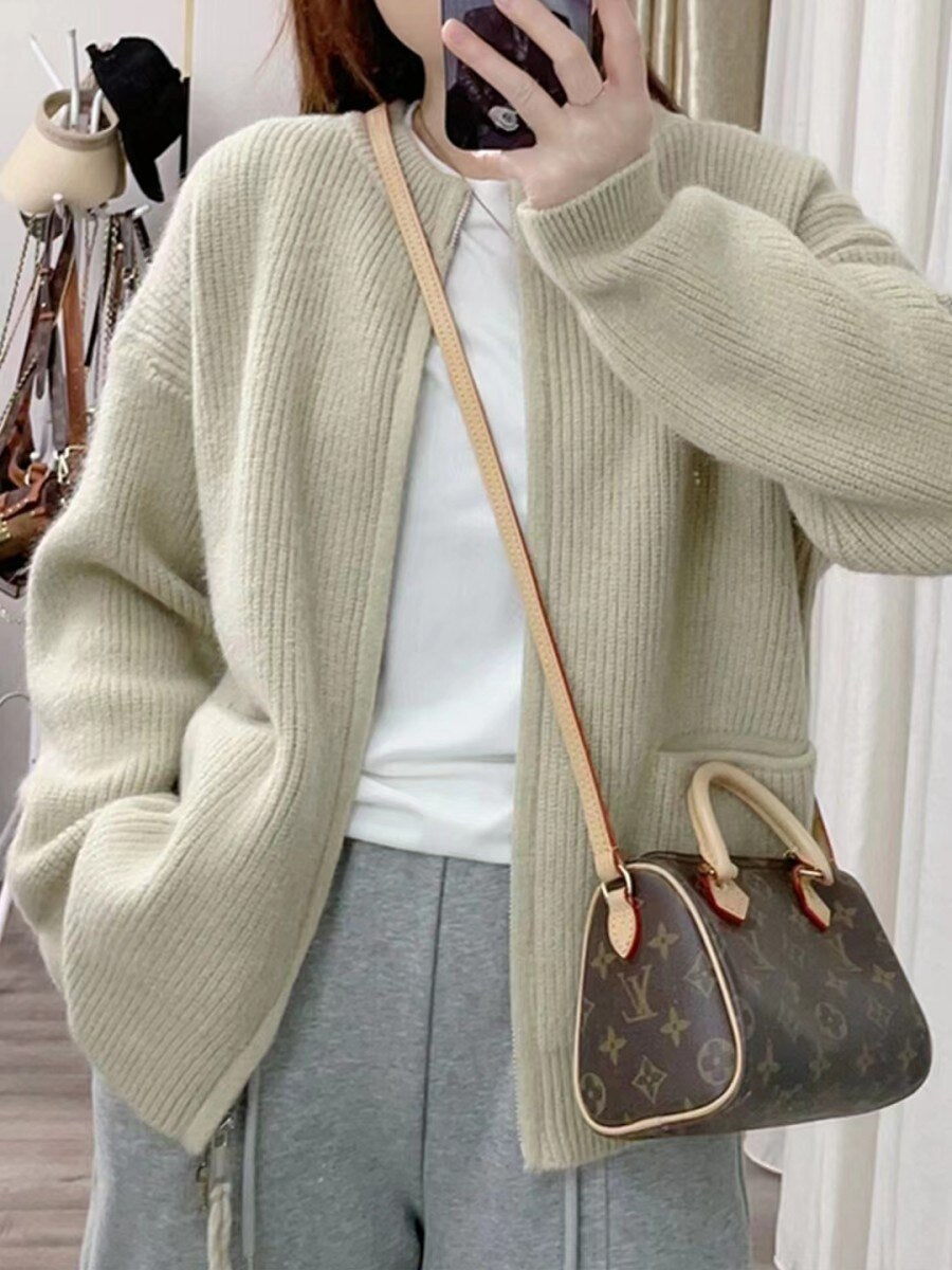 Lazy Style Zippered Sweater Cardigan Loose Knit Outerwear Top