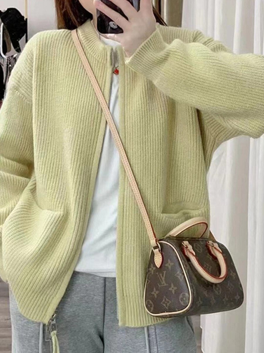 Lazy Style Zippered Sweater Cardigan Loose Knit Outerwear Top