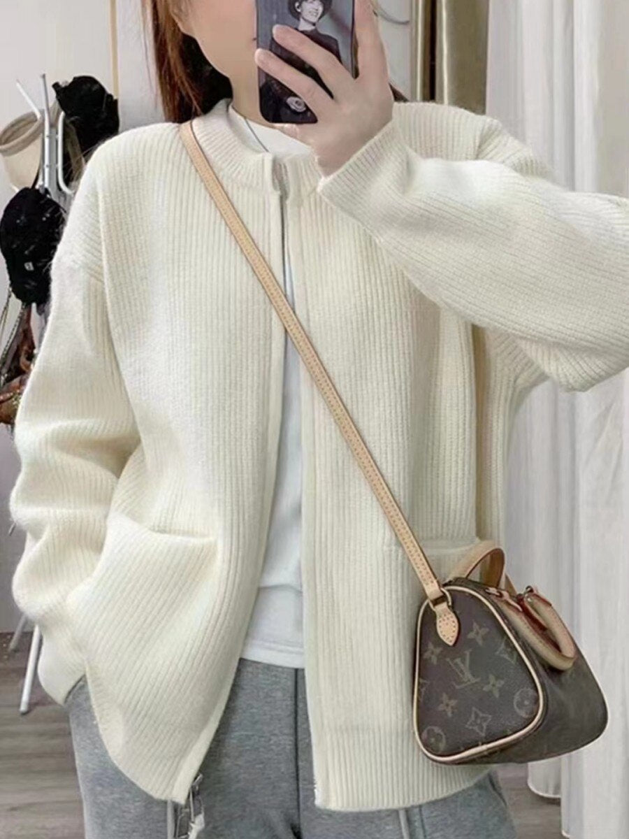 Lazy Style Zippered Sweater Cardigan Loose Knit Outerwear Top