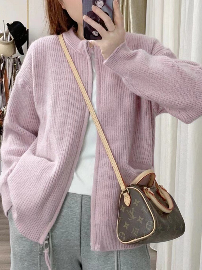 Lazy Style Zippered Sweater Cardigan Loose Knit Outerwear Top