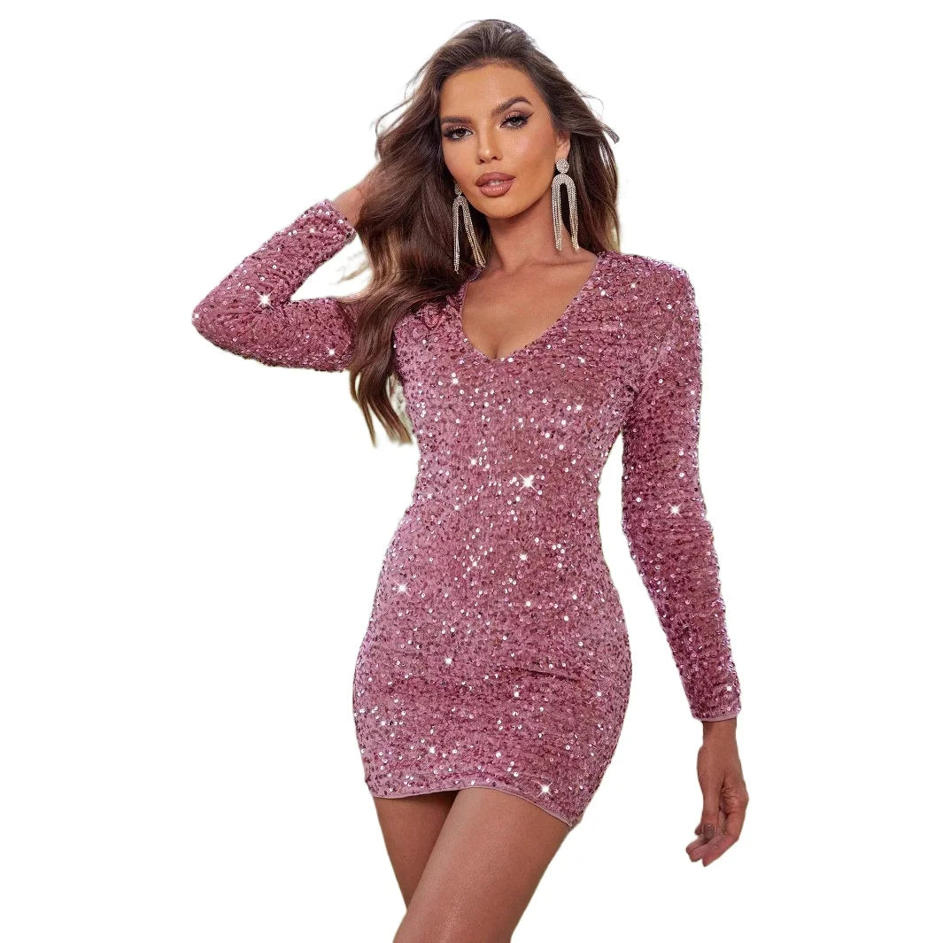 Long Sleeves Deep V-neck Sequined Tight Dress