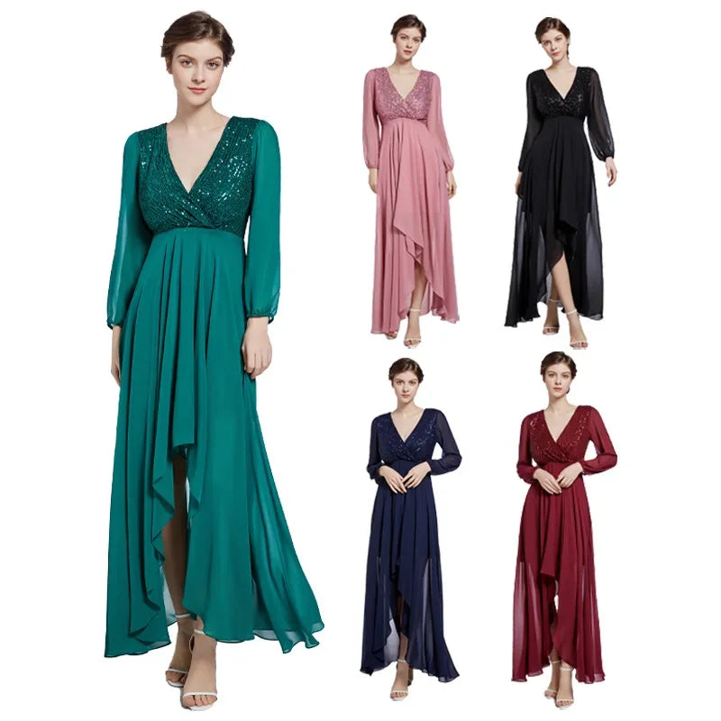 Long Sleeves Sequined V-neck High Low Chiffon Bridesmaid Formal Evening Dress