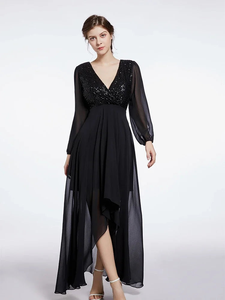 Long Sleeves Sequined V-neck High Low Chiffon Bridesmaid Formal Evening Dress