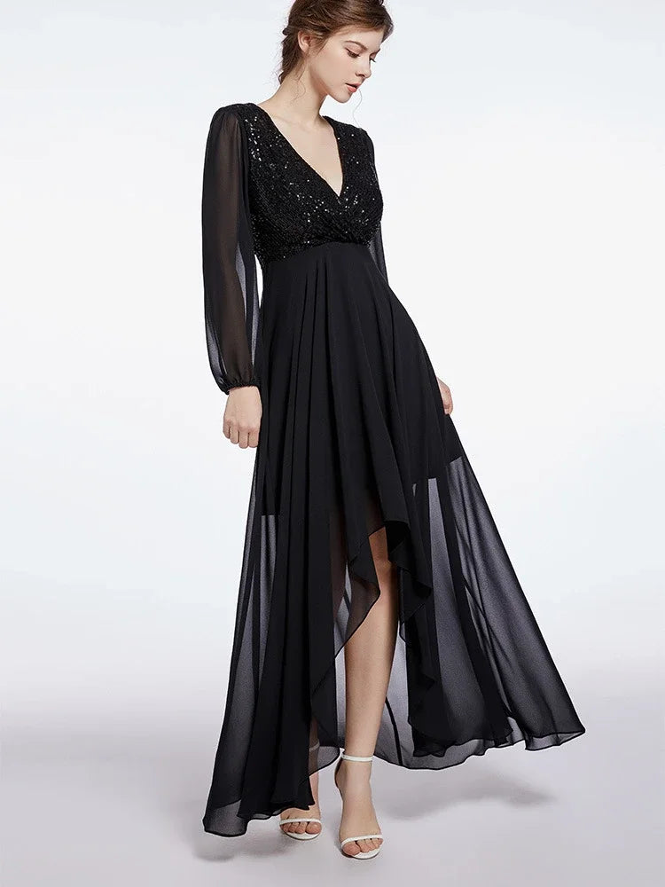 Long Sleeves Sequined V-neck High Low Chiffon Bridesmaid Formal Evening Dress