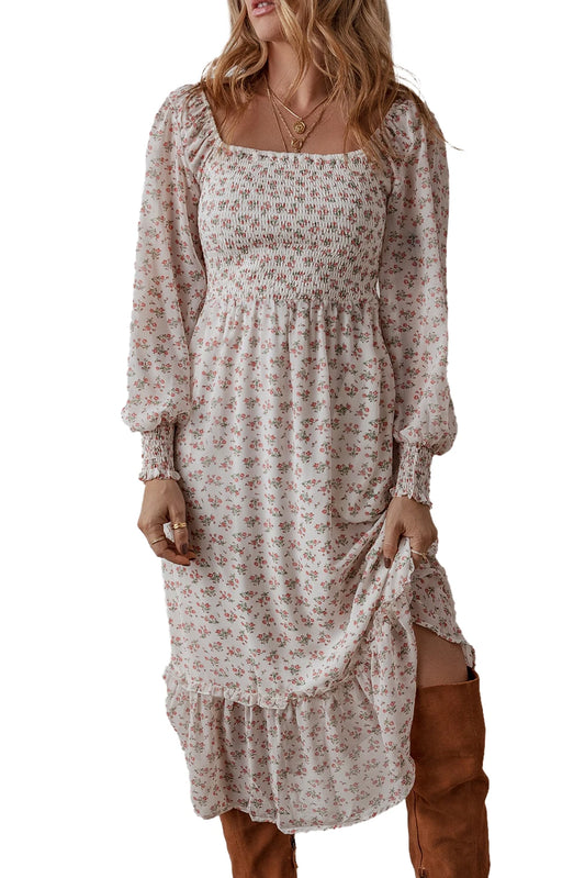 Long Sleeves White Floral Print Shirred Ruffled Hem Square Neck Midi Dress