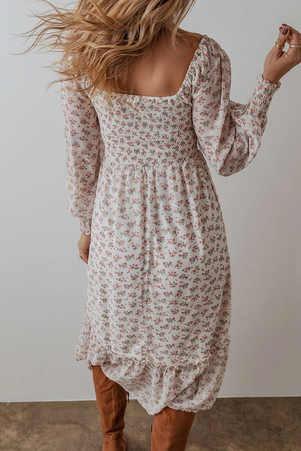 Long Sleeves White Floral Print Shirred Ruffled Hem Square Neck Midi Dress