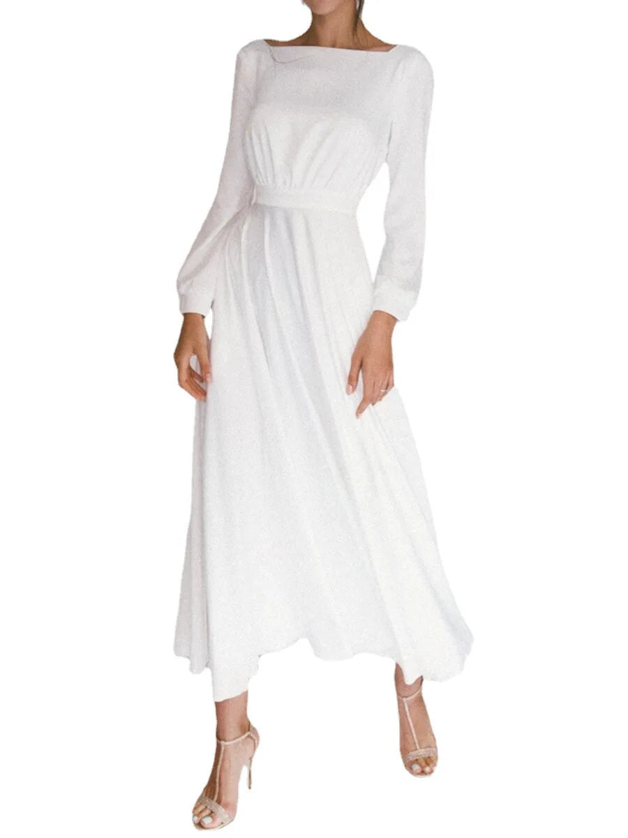 Long-sleeved Round Neck Backless Big Pendulum Dress White