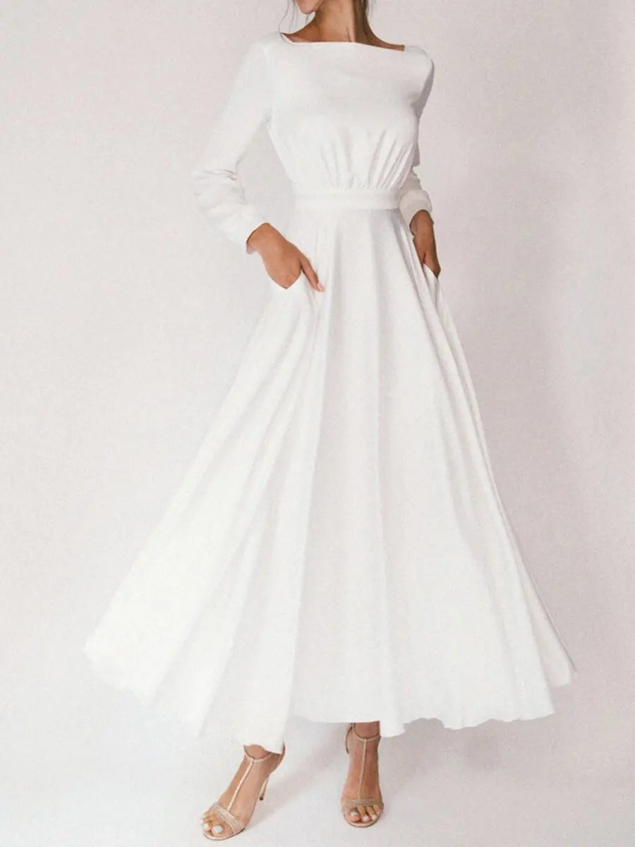 Long-sleeved Round Neck Backless Big Pendulum Dress White