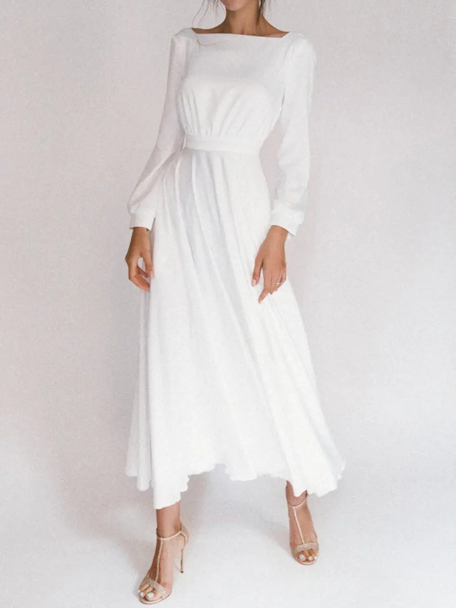 Long-sleeved Round Neck Backless Big Pendulum Dress White