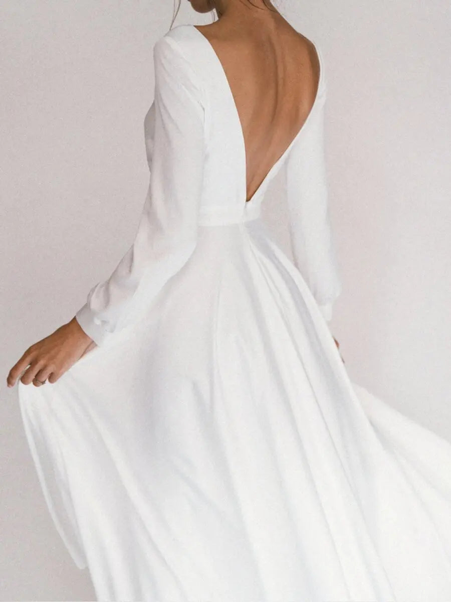 Long-sleeved Round Neck Backless Big Pendulum Dress White