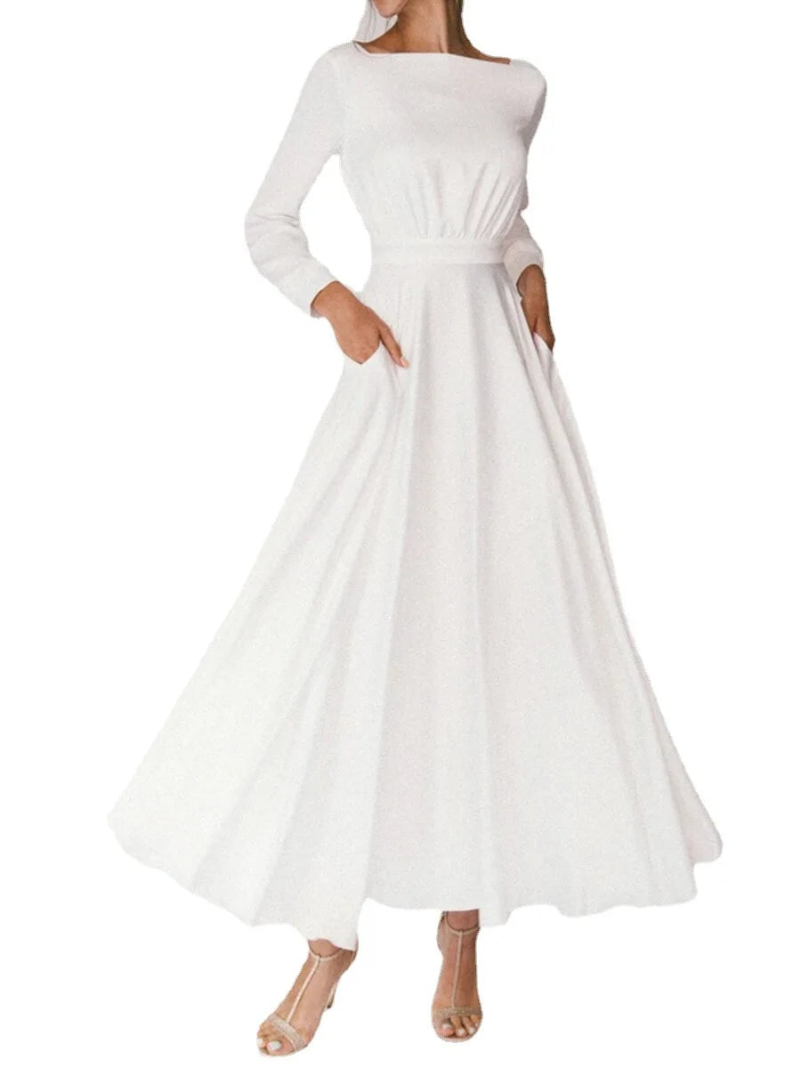 Long-sleeved Round Neck Backless Big Pendulum Dress White