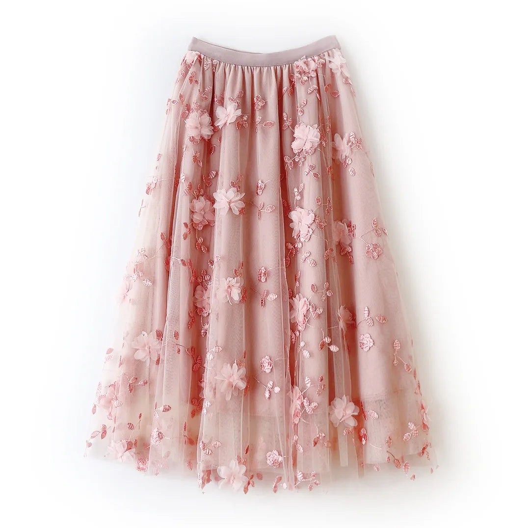 Mesh Eembroidery Three-dimensional Flower Fresh Fairy Skirt