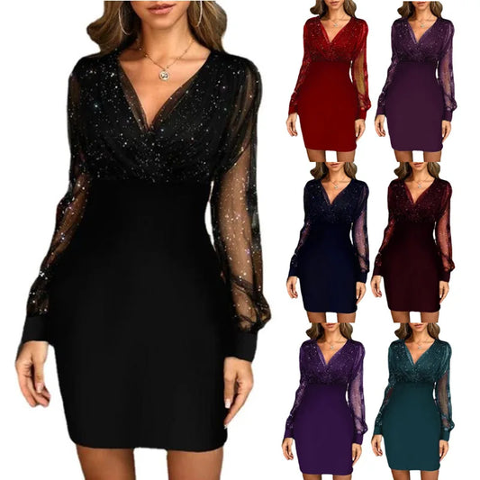 Mesh V-neck Sequined Long-sleeved Slim Party Club Bodycon Dress