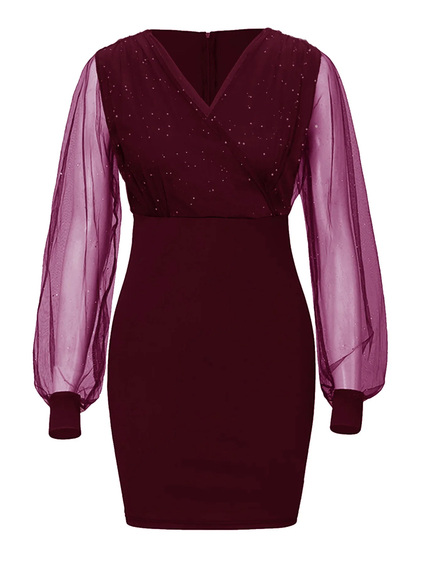 Mesh V-neck Sequined Long-sleeved Slim Party Club Bodycon Dress