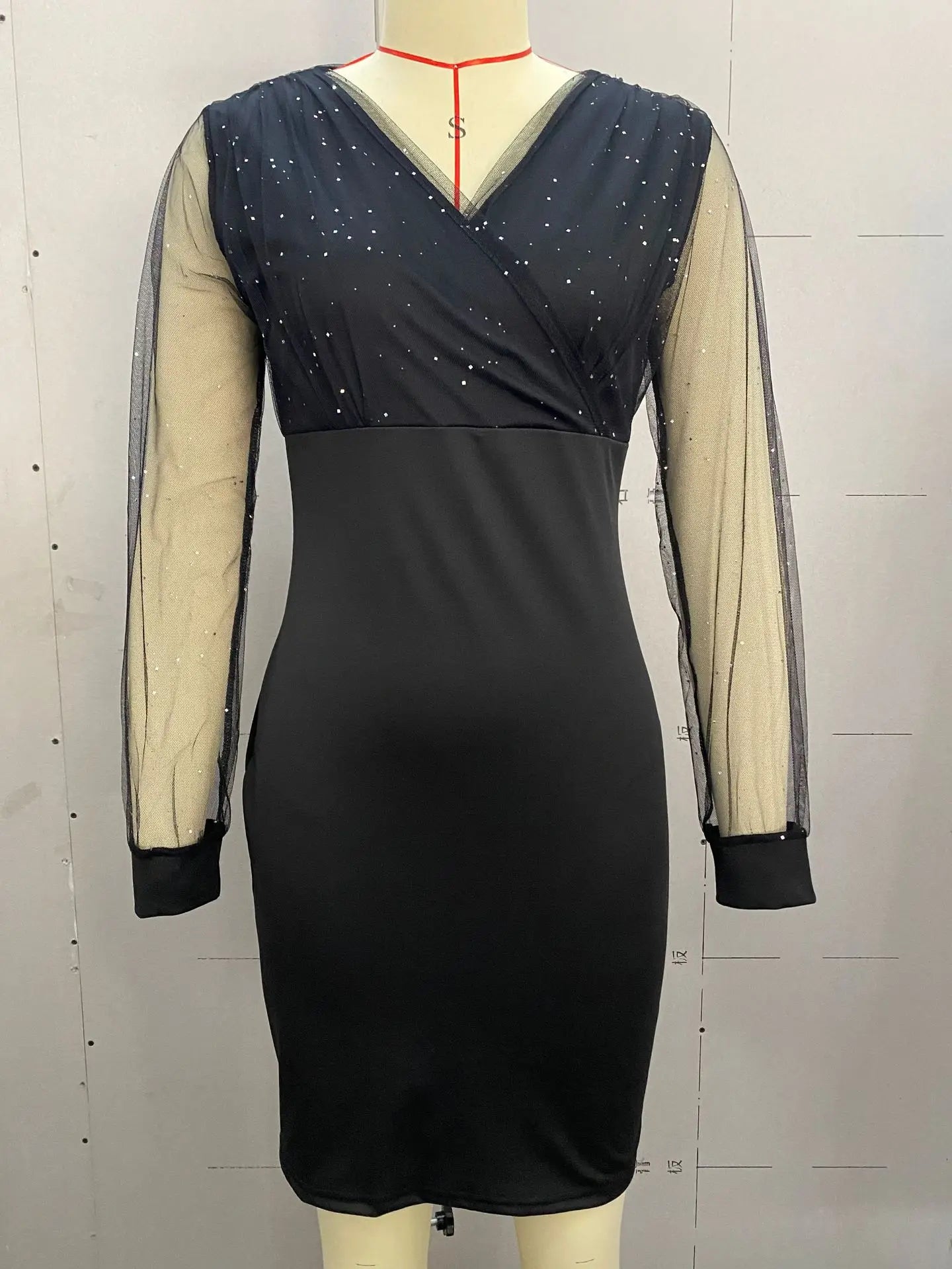 Mesh V-neck Sequined Long-sleeved Slim Party Club Bodycon Dress