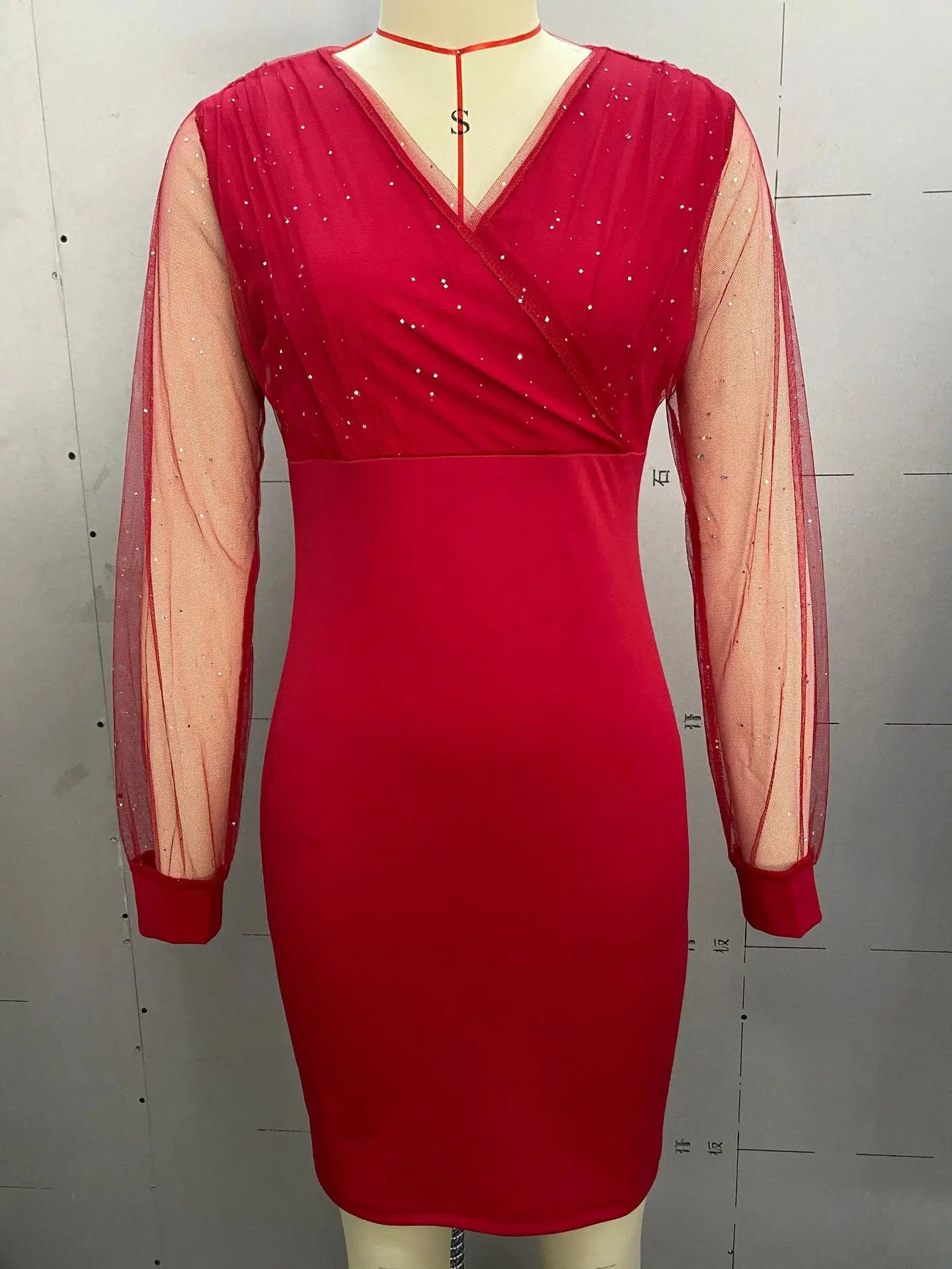 Mesh V-neck Sequined Long-sleeved Slim Party Club Bodycon Dress