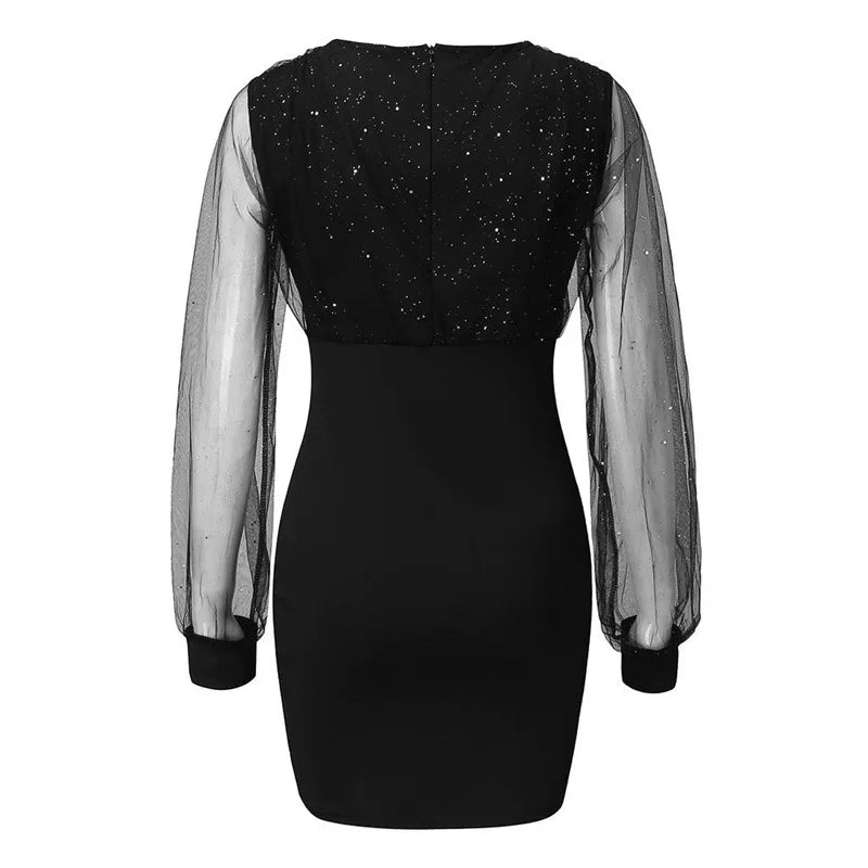 Mesh V-neck Sequined Long-sleeved Slim Party Club Bodycon Dress