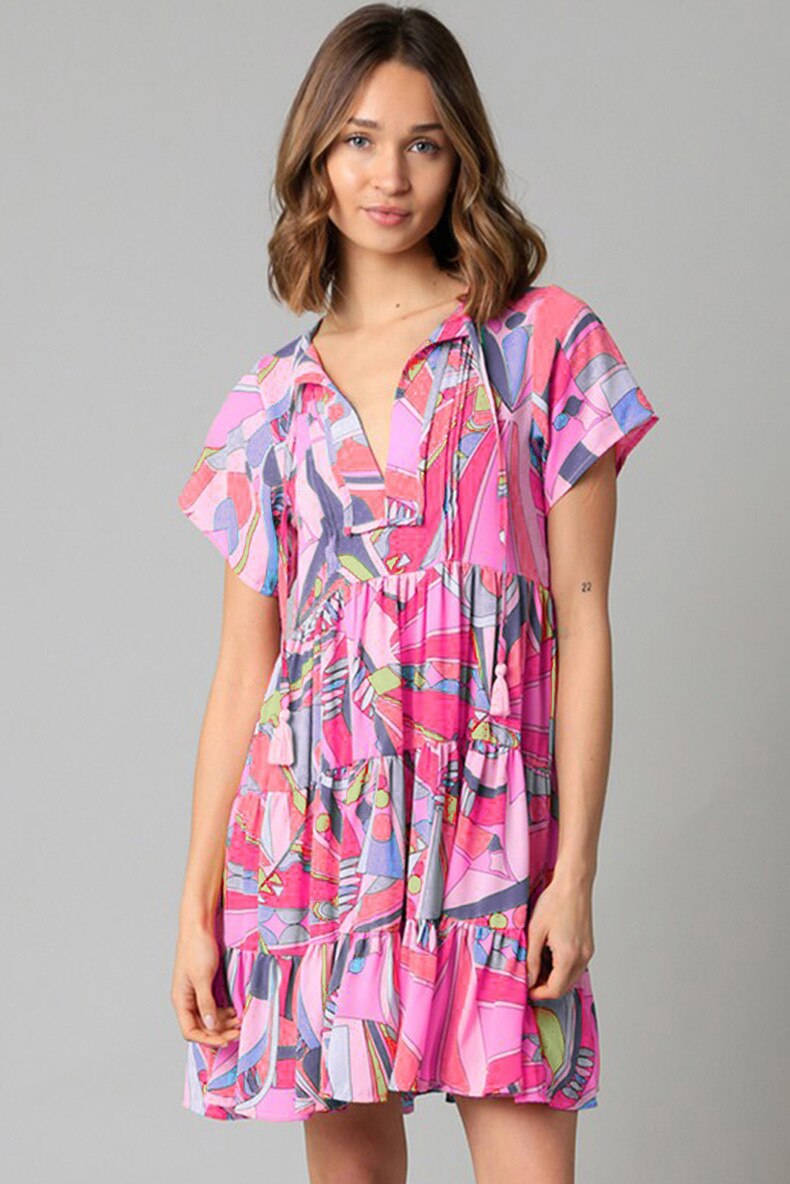 Multicolor Abstract Geometric Print Tassel Tie Flared Dress