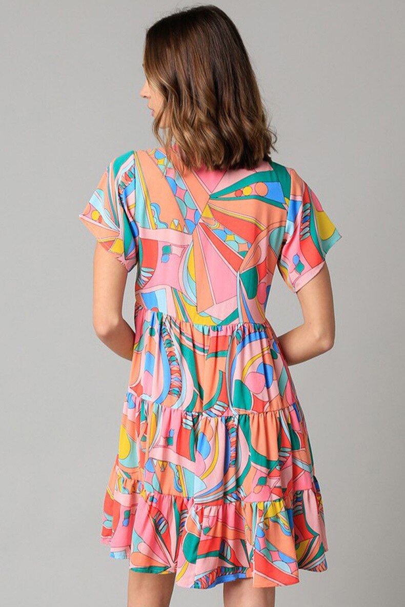 Multicolor Abstract Geometric Print Tassel Tie Flared Dress