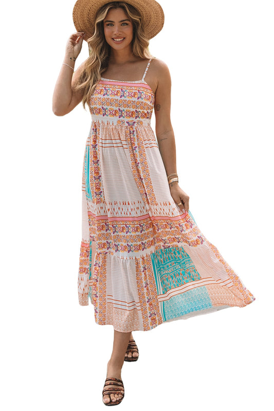 Multicolor Boho Patchwork Print Square Neck Sundress