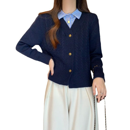 New Autumn and Winter Color Block Two-piece Sweater Loose Twist Cardigan