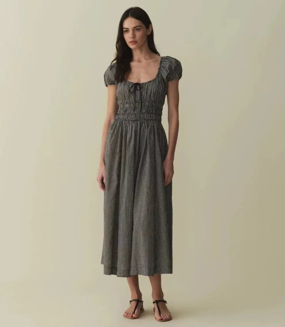 New Casual Solid Bubble Sleeves Color Square Neck Lace-up Pure Cotton Maxi Dress