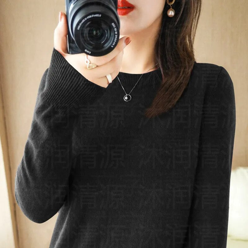 New Crewneck Sweater Pullover Knit Solid Color Long-sleeved T-shirt Women's