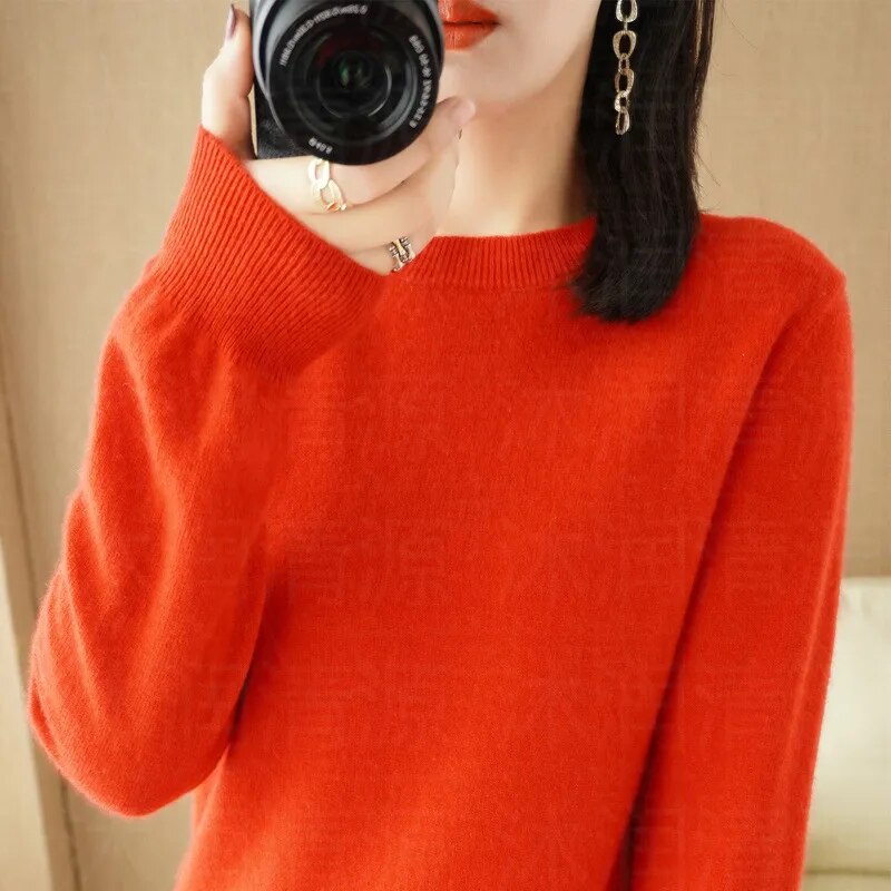 New Crewneck Sweater Pullover Knit Solid Color Long-sleeved T-shirt Women's