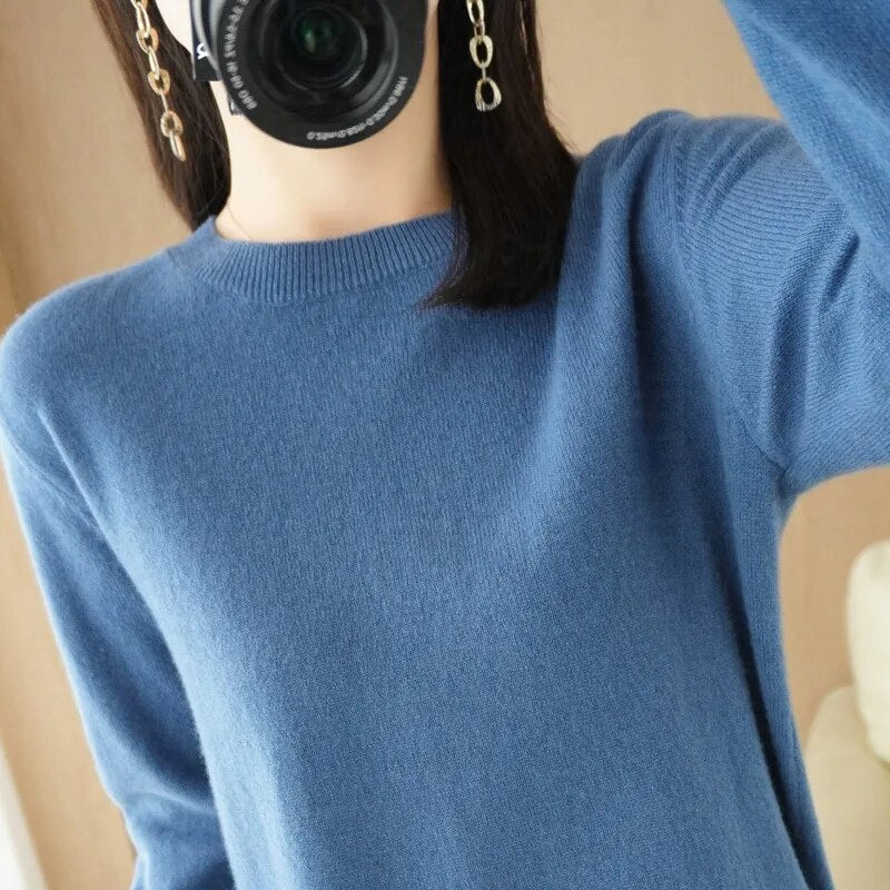 New Crewneck Sweater Pullover Knit Solid Color Long-sleeved T-shirt Women's