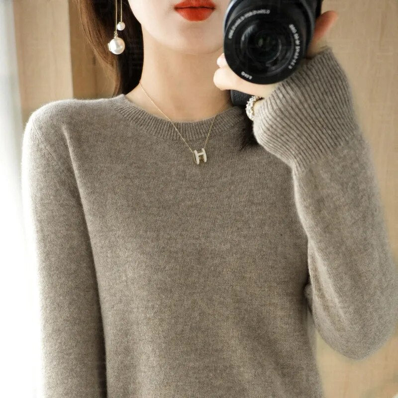 New Crewneck Sweater Pullover Knit Solid Color Long-sleeved T-shirt Women's