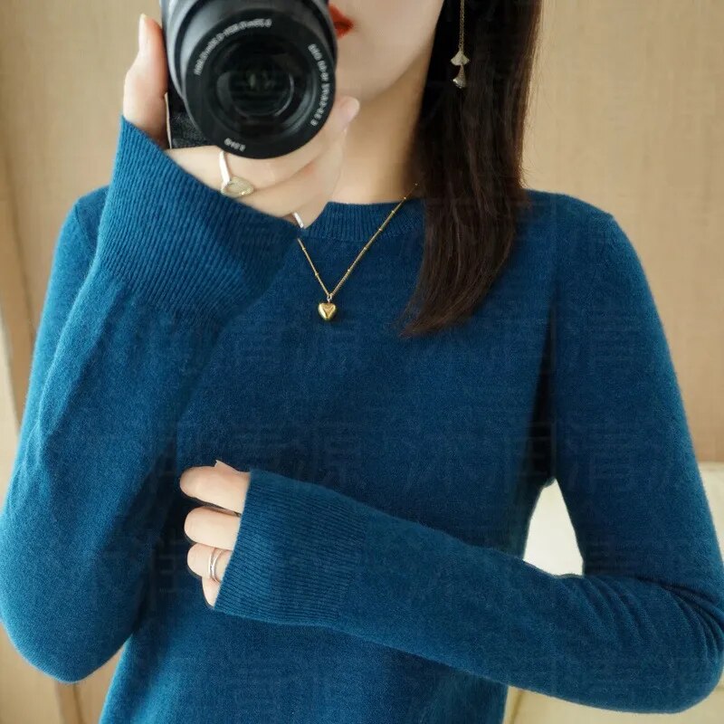 New Crewneck Sweater Pullover Knit Solid Color Long-sleeved T-shirt Women's