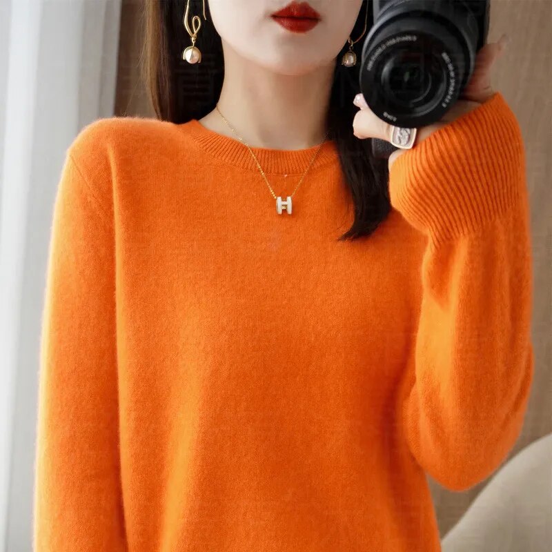 New Crewneck Sweater Pullover Knit Solid Color Long-sleeved T-shirt Women's