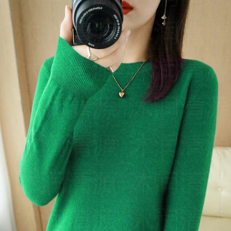 New Crewneck Sweater Pullover Knit Solid Color Long-sleeved T-shirt Women's