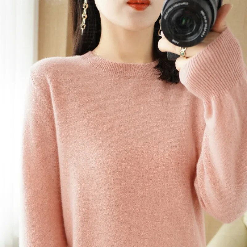 New Crewneck Sweater Pullover Knit Solid Color Long-sleeved T-shirt Women's