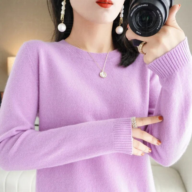 New Crewneck Sweater Pullover Knit Solid Color Long-sleeved T-shirt Women's