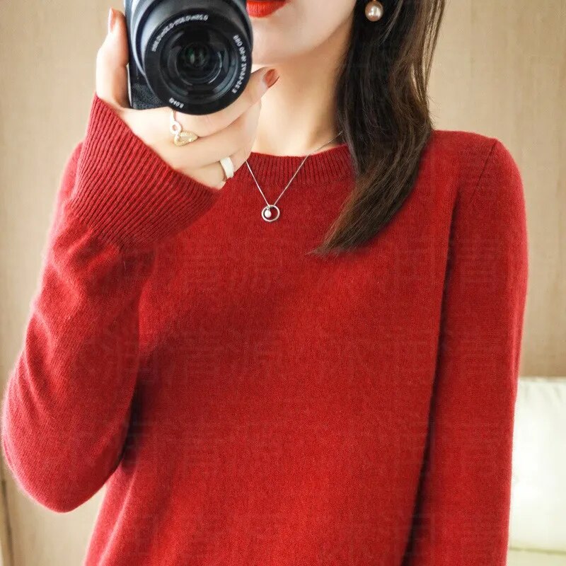 New Crewneck Sweater Pullover Knit Solid Color Long-sleeved T-shirt Women's