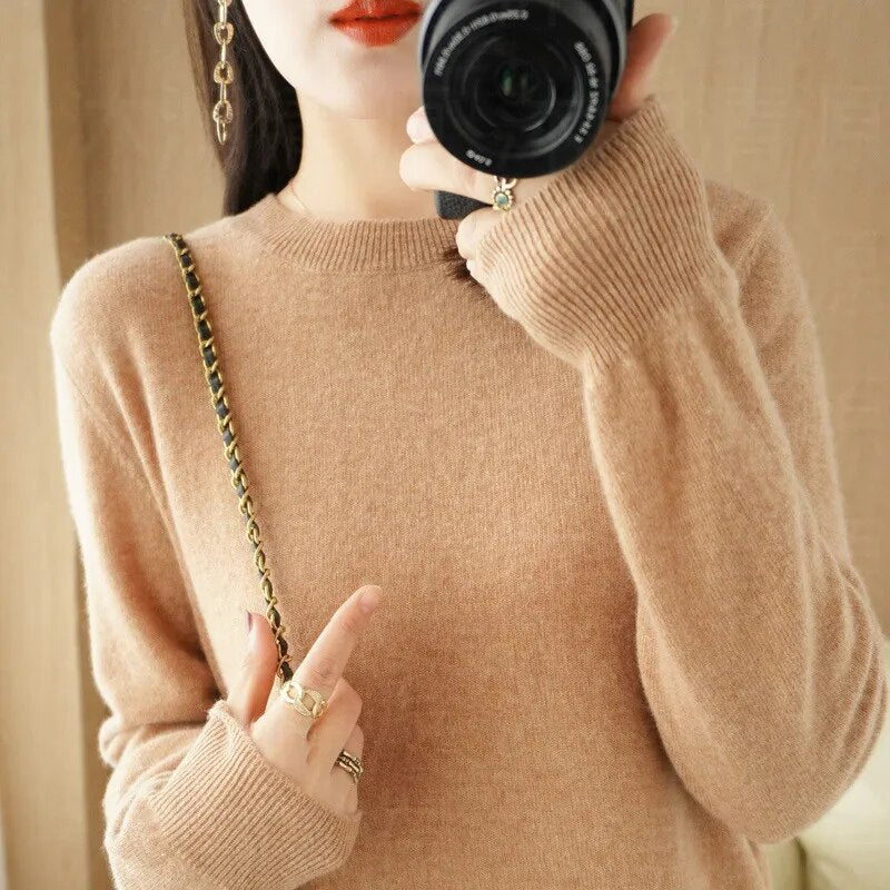 New Crewneck Sweater Pullover Knit Solid Color Long-sleeved T-shirt Women's