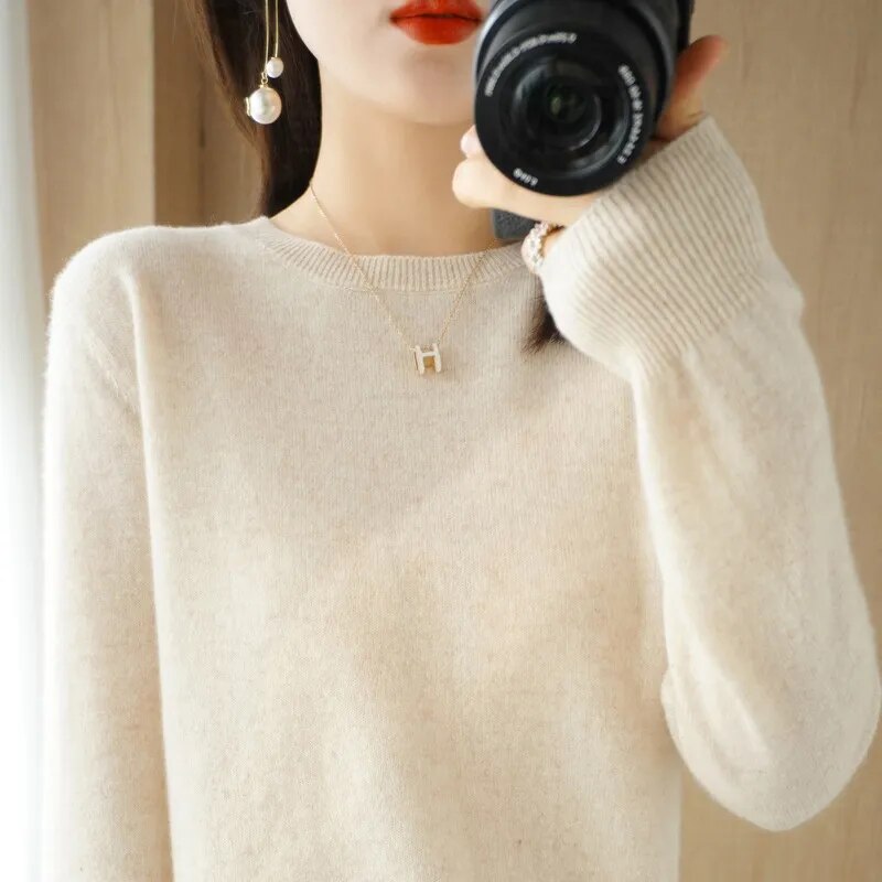 New Crewneck Sweater Pullover Knit Solid Color Long-sleeved T-shirt Women's