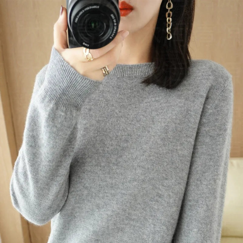 New Crewneck Sweater Pullover Knit Solid Color Long-sleeved T-shirt Women's