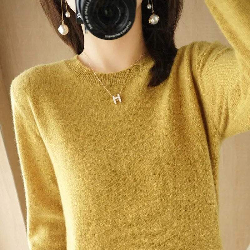 New Crewneck Sweater Pullover Knit Solid Color Long-sleeved T-shirt Women's