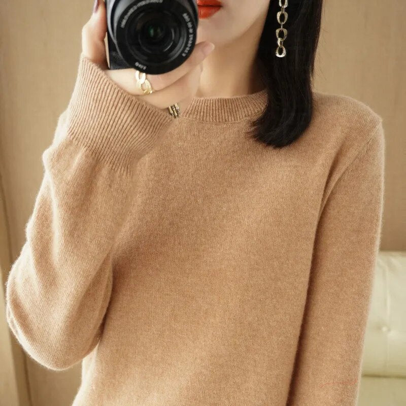 New Crewneck Sweater Pullover Knit Solid Color Long-sleeved T-shirt Women's