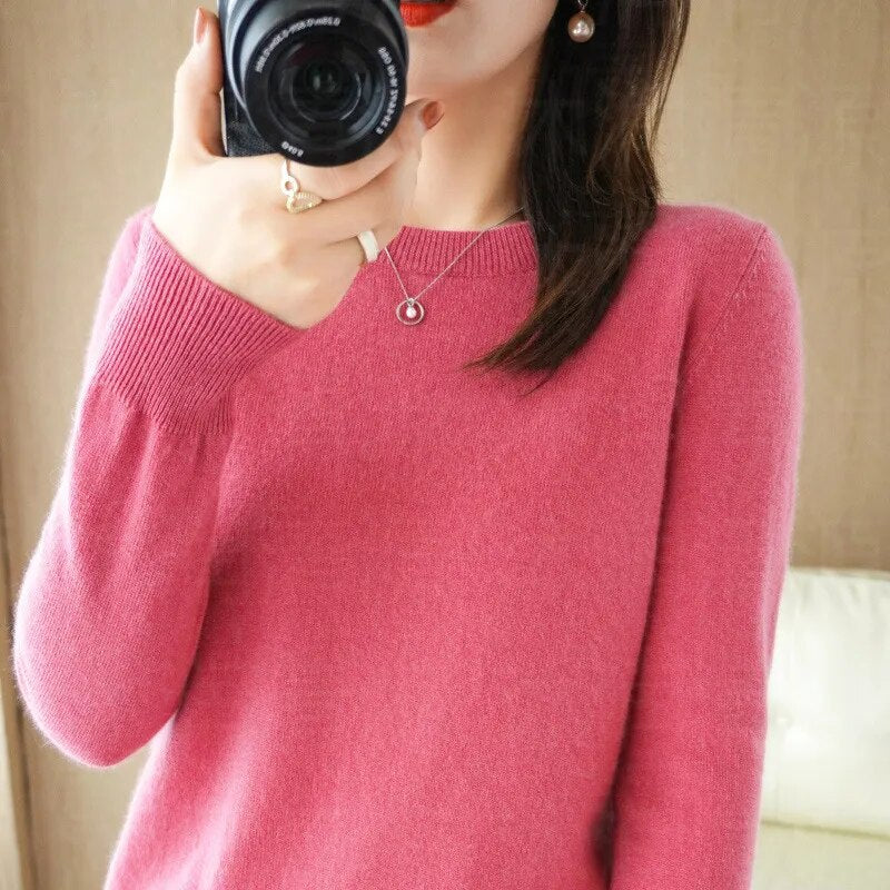 New Crewneck Sweater Pullover Knit Solid Color Long-sleeved T-shirt Women's