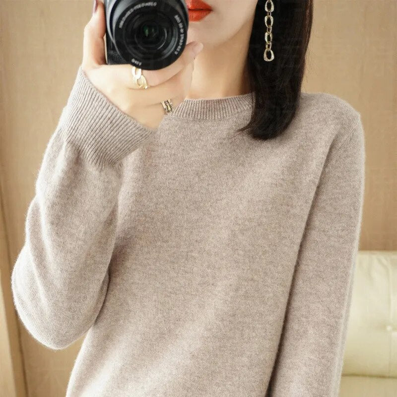 New Crewneck Sweater Pullover Knit Solid Color Long-sleeved T-shirt Women's