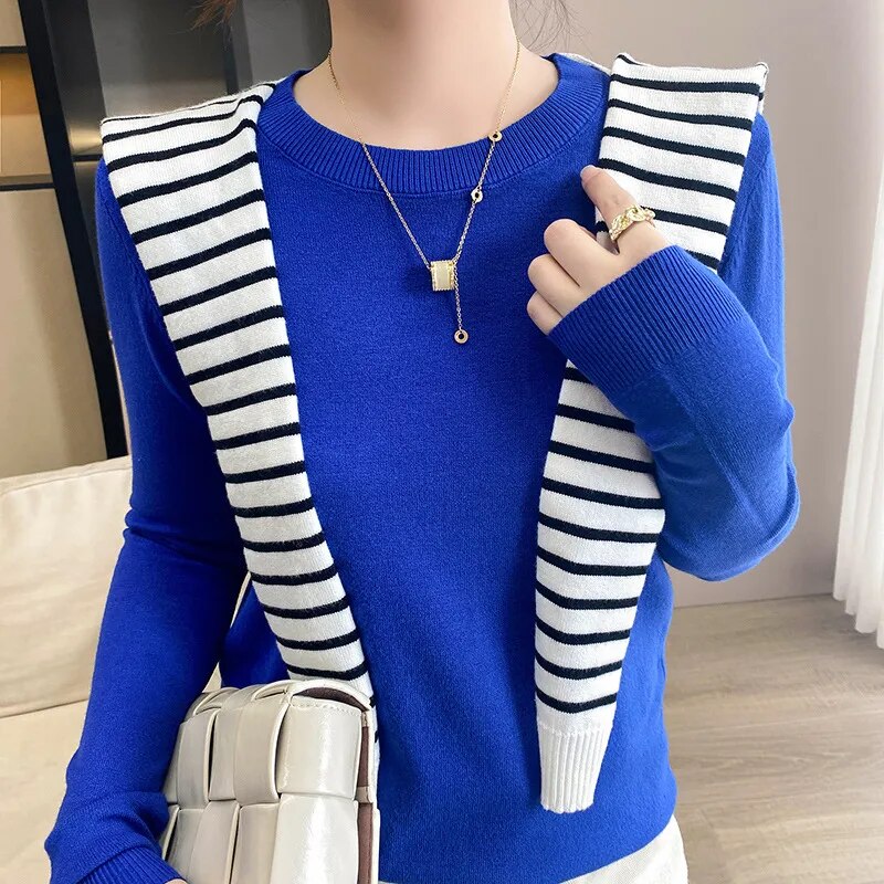 New Crewneck Sweater Pullover Knit Solid Color Long-sleeved T-shirt Women's