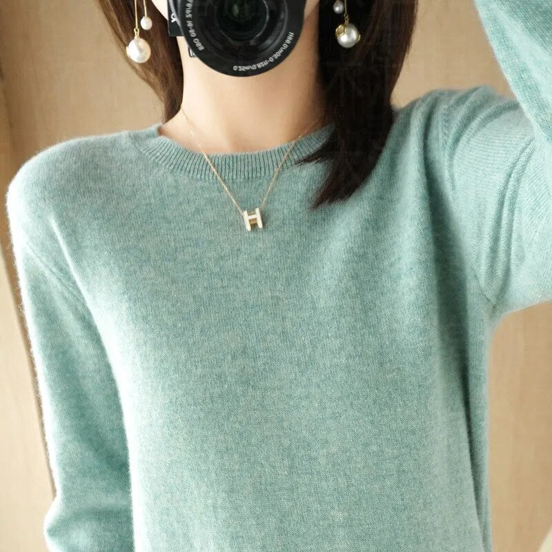 New Crewneck Sweater Pullover Knit Solid Color Long-sleeved T-shirt Women's