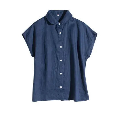 New French Loose Casual Short Sleeve Top Crew Neck Pure Linen Women's Shirt